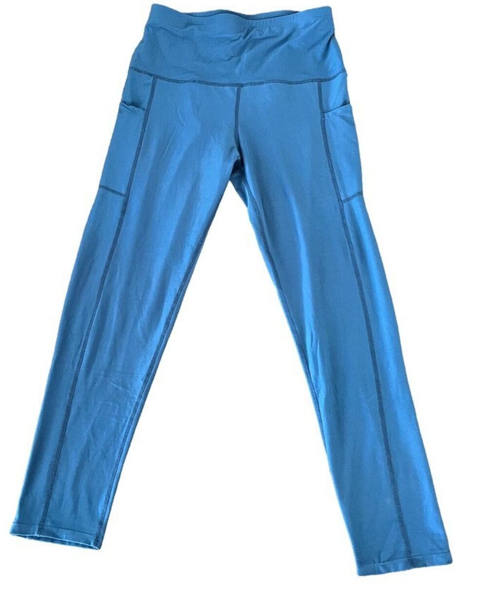 High Rise Crop Leggings Sports Wear Size L Blue Pockets Active Running Workout